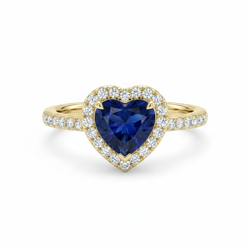Anello dorato a cuore con pietra blu Devozione