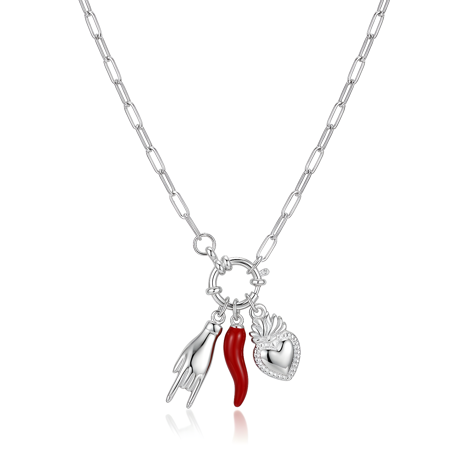 GAIA collana argento catena paper clip con charm Le Corna, cornetto rosso cuore sacro