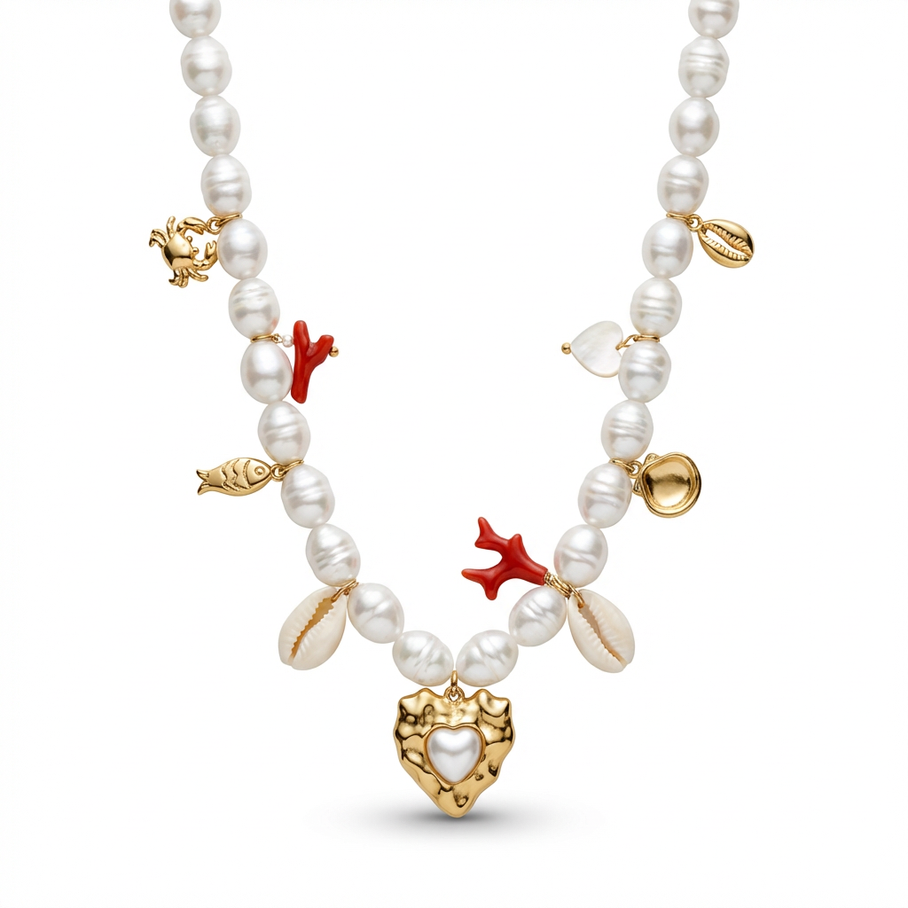 GAIA collana con perle barocche Mare, conchiglie coralli pesci oro