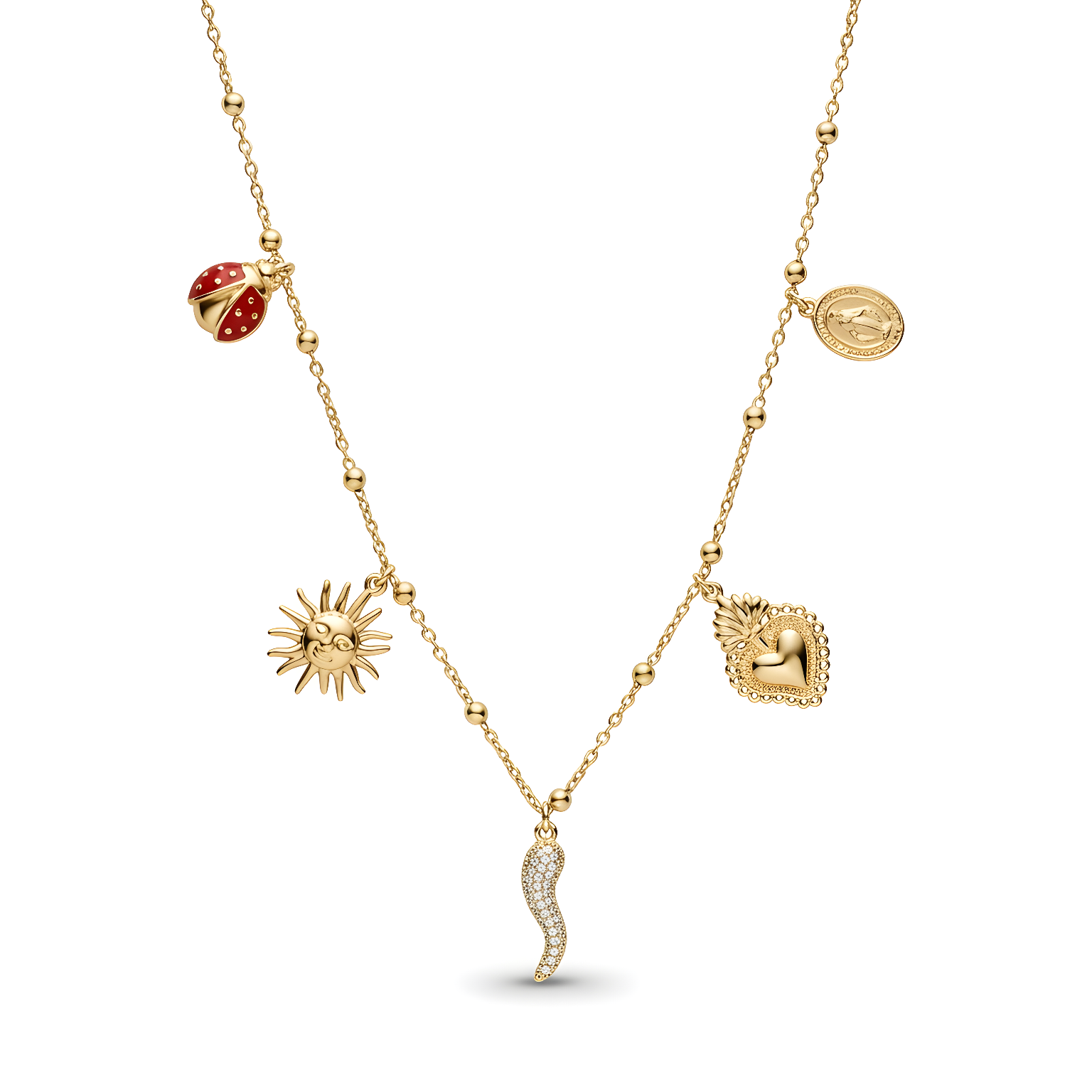 GAIA collana oro con charm portafortuna Rinascita, coccinella sole cuore medaglia