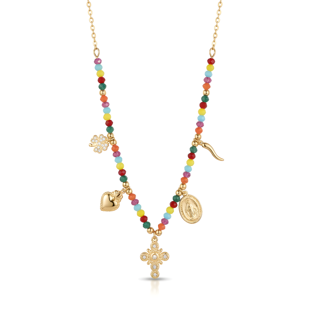 GAIA collana oro perline arcobaleno con charm Sacri, quadrifoglio croce cornetto