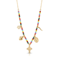 GAIA collana oro perline arcobaleno con charm Sacri, quadrifoglio croce cornetto