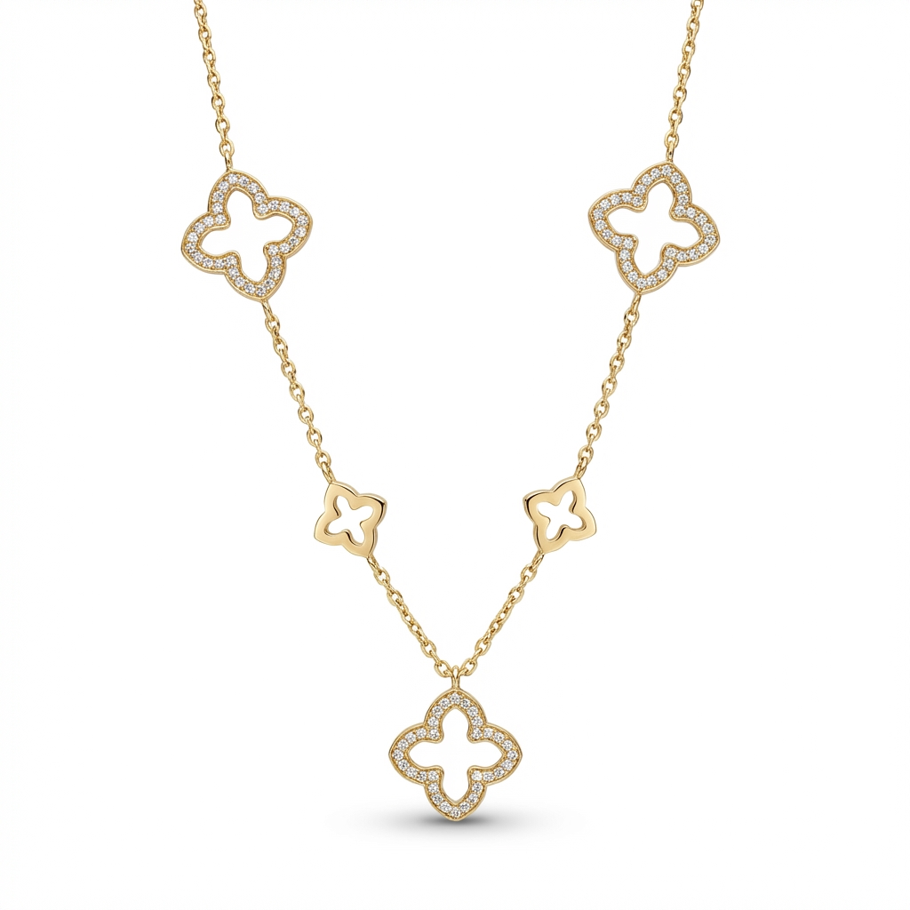 GAIA collana oro con quadrifogli aperti Eleganza, brillanti e silhouette